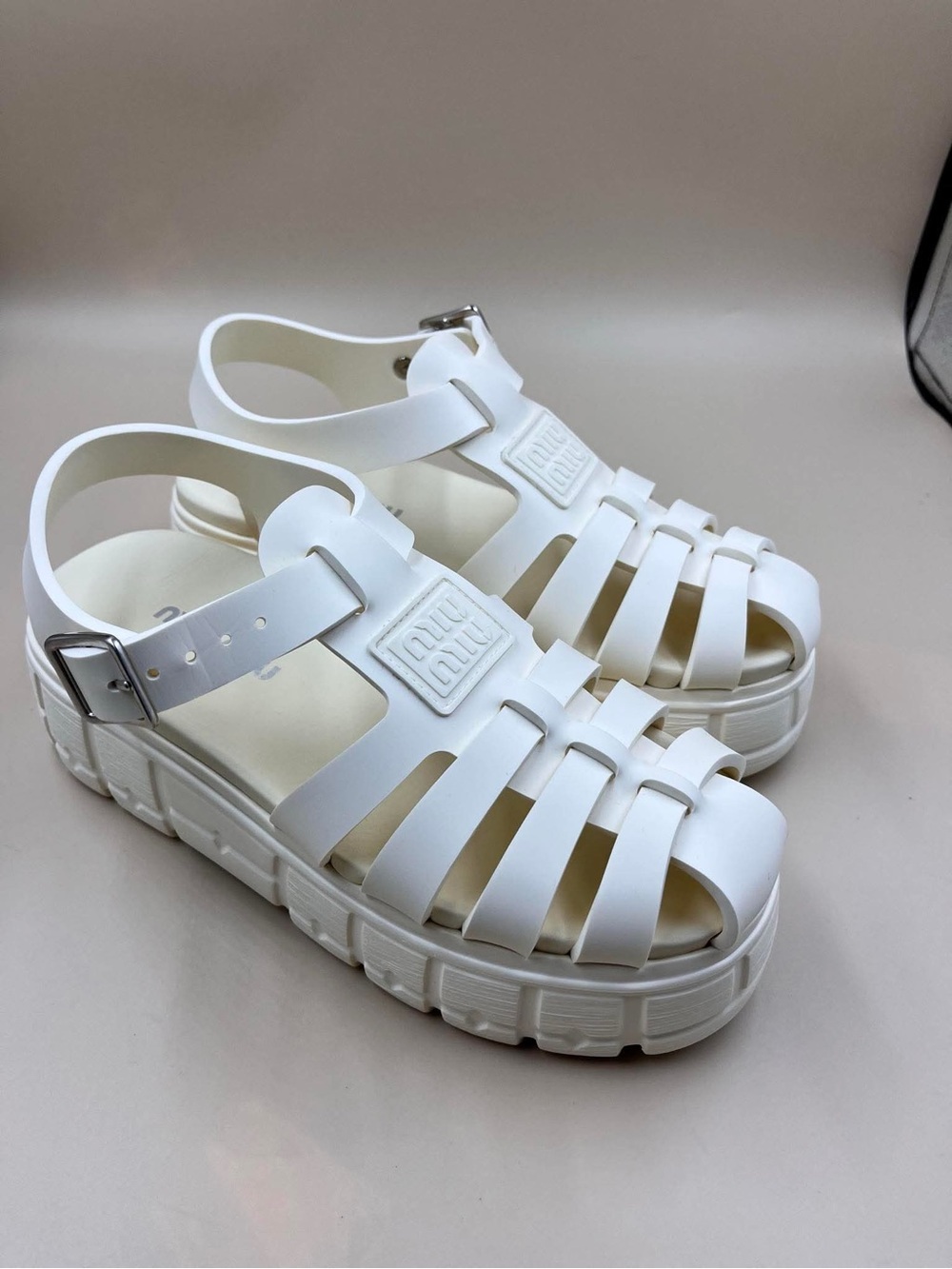 Miumiu Chunky White Jelly Sandals with Buckle Strap